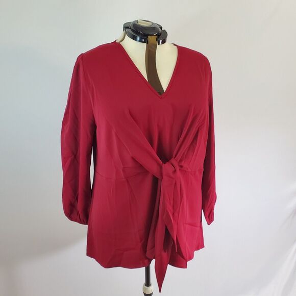 Bloomchic Blouse Women's 2X Twist Front Tie V-Neck Solid Burgundy Plus Size NWT - Picture 1 of 8